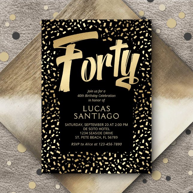 40th Birthday Black Gold Confetti Invitation (Creator Uploaded)