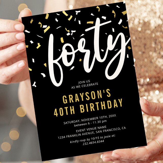 40th Birthday Black Gold Confetti Invitation (Creator Uploaded)