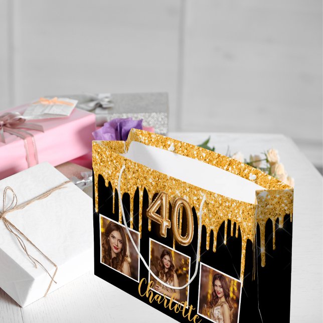 40th birthday black gold drips photo large gift bag (Creator Uploaded)
