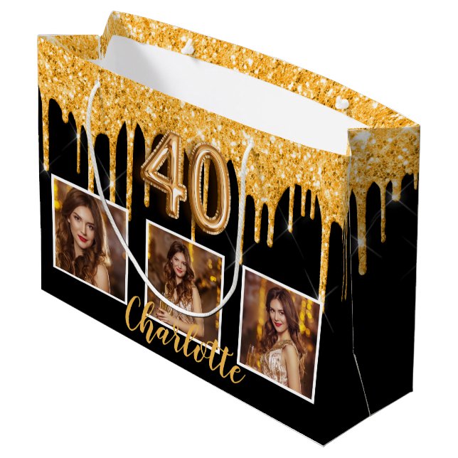 40th birthday black gold drips photo large gift bag (Back Angled)