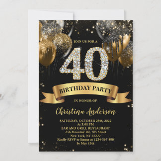 40th Birthday Black Gold Glitter Balloons  Invitation
