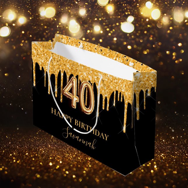 40th birthday black gold glitter drips name large gift bag (Creator Uploaded)