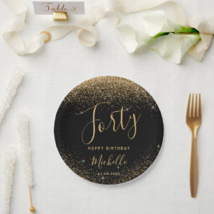 40th Birthday Black Gold Glitter Sparkle Name Paper Plate