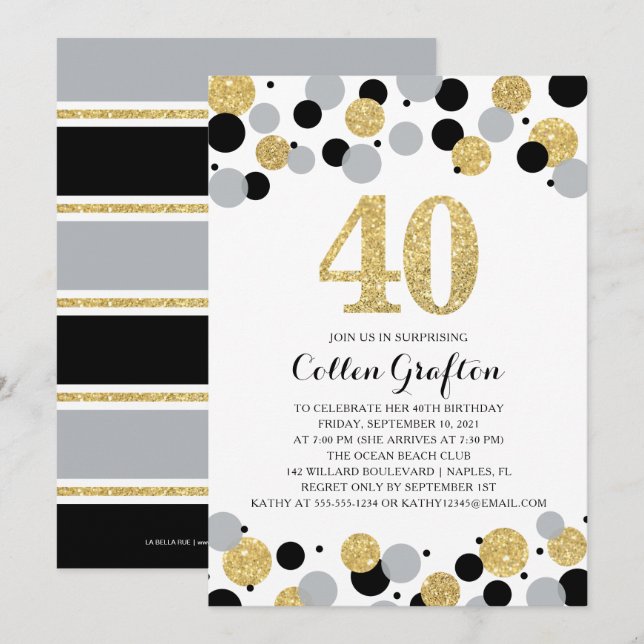 40th Birthday Black Gold Grey Glitter Confetti Invitation (Front/Back)