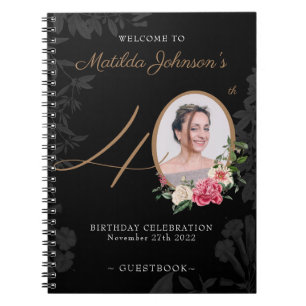 40th Birthday Black Gold Guestbook Floral Photo Notebook