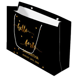 40th birthday black gold hello 40 name script large gift bag