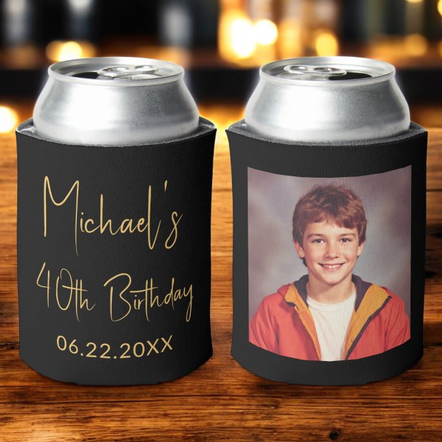 40th Birthday Black Gold Instagram Photo Can Cooler (Creator Uploaded)