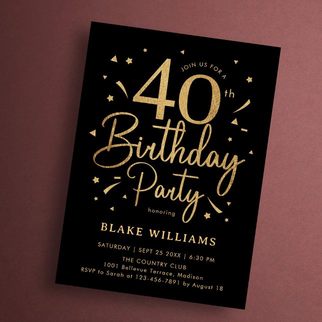 40th Birthday Black Gold Invitation (Creator Uploaded)