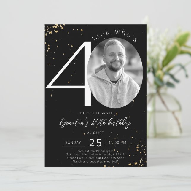 40th Birthday Black Gold Invitation with Photo (Standing Front)