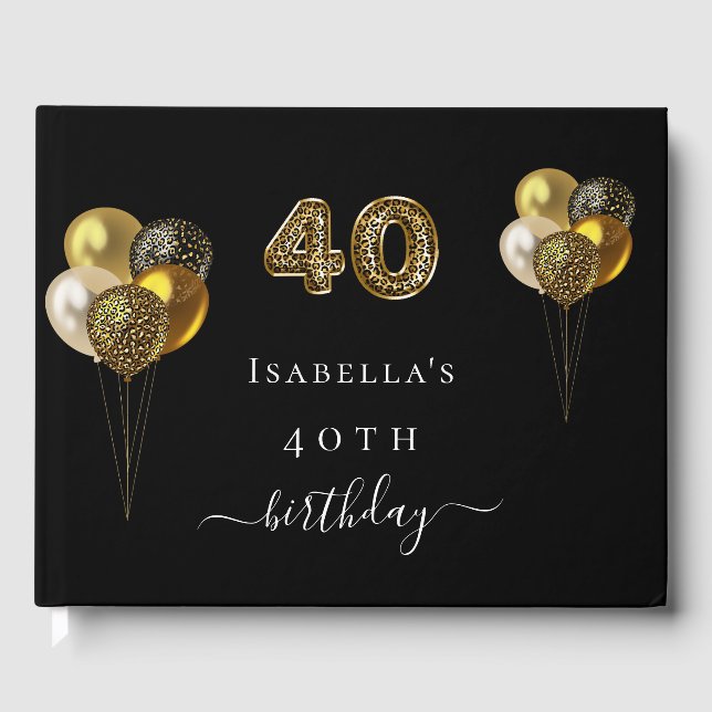 40th birthday black gold leopard print balloons guest book (Front)
