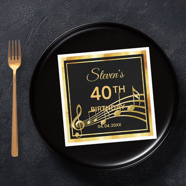 40th birthday black gold music name napkin (Creator Uploaded)