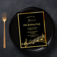 40th birthday black gold music notes invitation