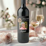 40th Birthday black gold photo Wine Label<br><div class="desc">A classic black background decorated. Personalise and add a date,  name and a photo.  Age number written with a balloon style font.</div>