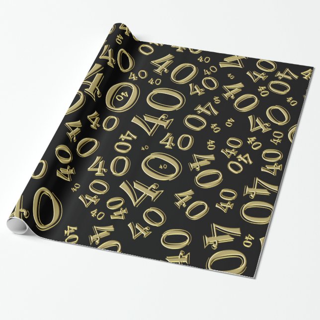 40th Birthday black/Gold Random Number Pattern 40 Wrapping Paper (Unrolled)