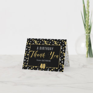 40th Birthday Black Gold Silver Confetti with Name Thank You Card