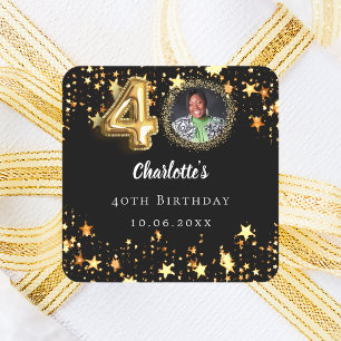 40th birthday black gold stars photo square sticker
