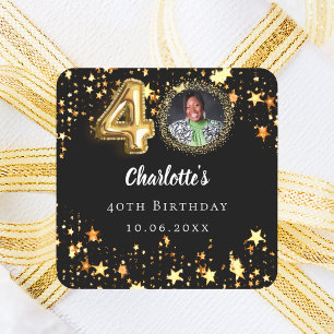 40th birthday black gold stars photo square sticker