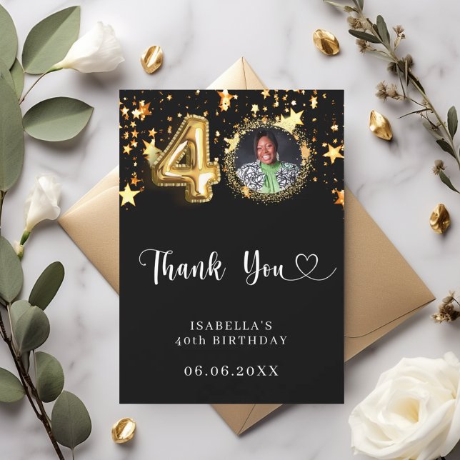 40th birthday black gold stars photo thank you card (Creator Uploaded)