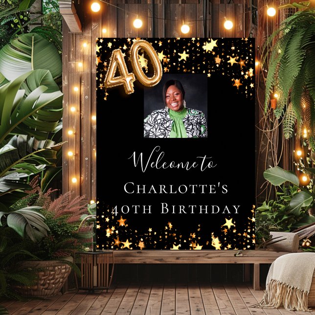 40th birthday black gold stars photo welcome poster (Creator Uploaded)