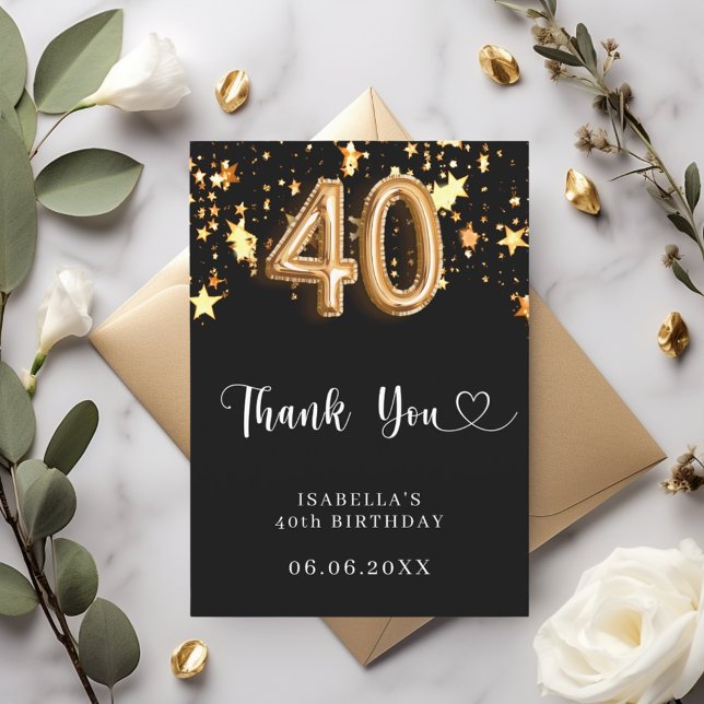 40th birthday black gold stars thank you card (Creator Uploaded)
