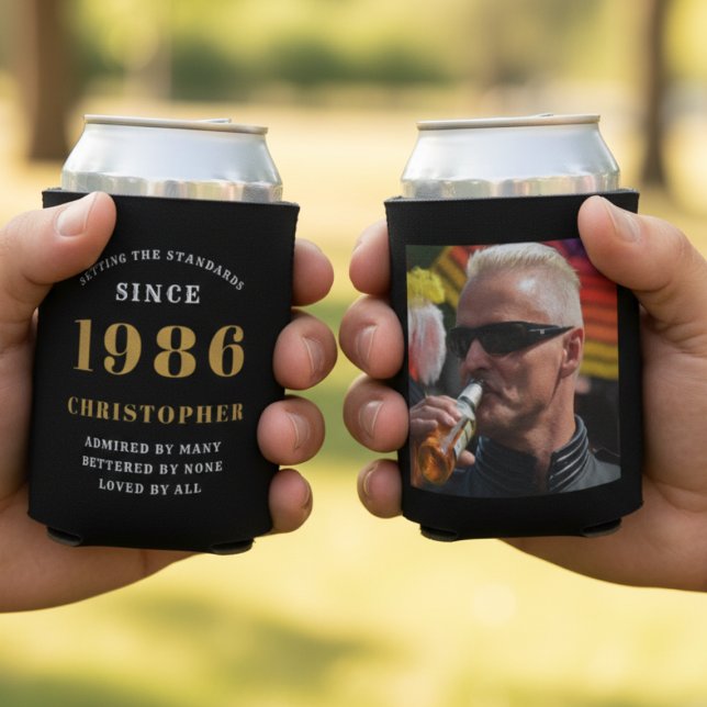 40th Birthday Black Gold With Photo Can Cooler (40th birthday black can coolers held in hands showing front and rear)