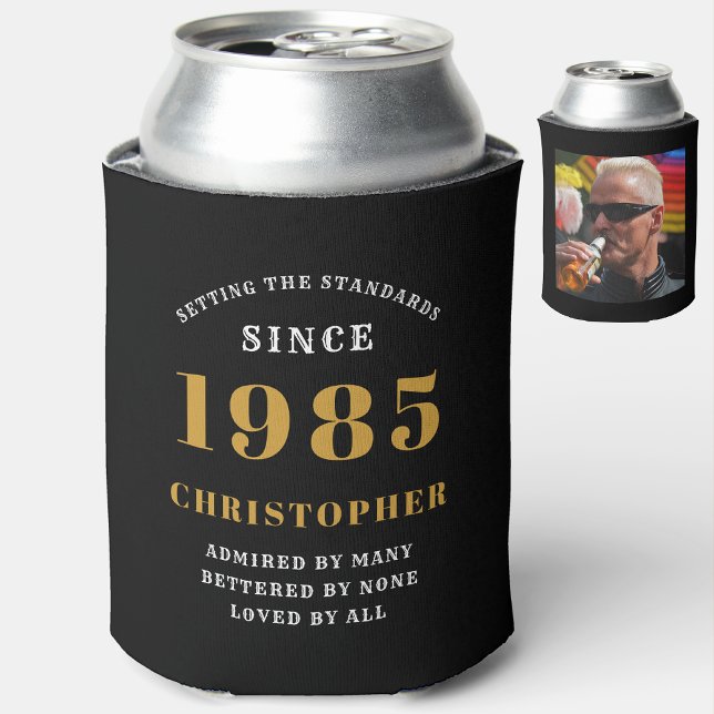 40th Birthday Black Gold With Photo Can Cooler (Personalized 40th birthday can cooler with photo)