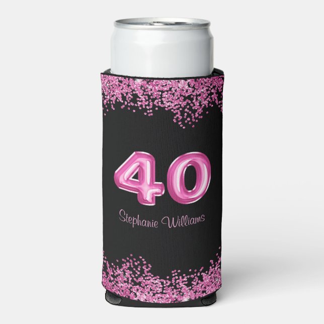 40th Birthday Black Pink Balloons | Faux Glitter Seltzer Can Cooler (Seltzer Front)