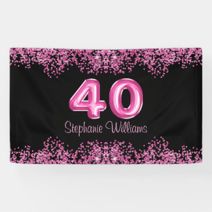 40th Birthday Black Pink Balloons Glitter Party  Banner