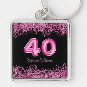 40th Birthday Black Pink Balloons Glitter Party Key Ring