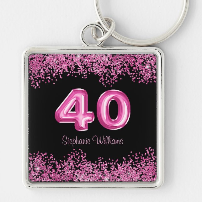 40th Birthday Black Pink Balloons Glitter Party Key Ring (Front)