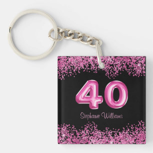 40th Birthday Black Pink Balloons Glitter Party Key Ring