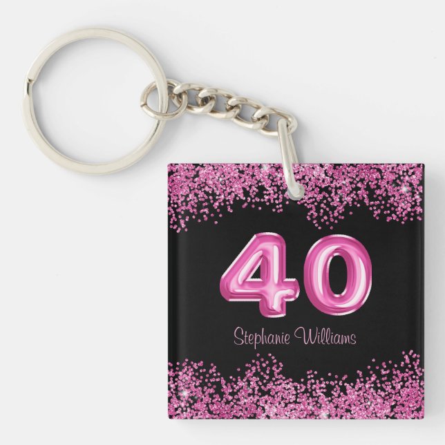 40th Birthday Black Pink Balloons Glitter Party Key Ring (Front)