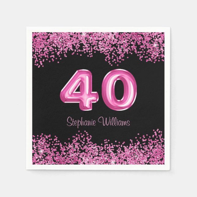 40th Birthday Black Pink Balloons Glitter Party  Napkin (Front)