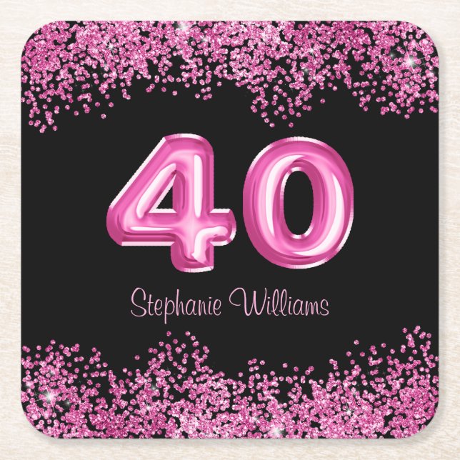40th Birthday Black Pink Balloons Glitter Party Square Paper Coaster (Front)