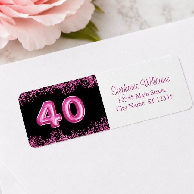 40th Birthday Black Pink Glitter Return Address (Add name to customize, please see the collection for matching items)