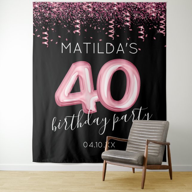 40th Birthday Black Pink Photo Backdrop Tapestry (In Situ)