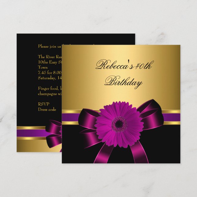 40th Birthday Black Plum Pink Purple Flower Gold Invitation (Front/Back)