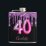 40th birthday black purple glitter script friends hip flask<br><div class="desc">A gift from friends for a girly and glamourous 40th birthday girl. A classic black background with purple faux glitter drips, paint dripping look. Personalise and add a name.The text: The name is written in violet with a modern hand lettered style script. Age 40 is written with a trendy balloon...</div>