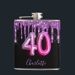 40th birthday black purple glitter script friends hip flask<br><div class="desc">A gift from friends for a girly and glamourous 40th birthday girl. A classic black background with purple faux glitter drips, paint dripping look. Personalise and add a name.The text: The name is written in violet with a modern hand lettered style script. Age 40 is written with a trendy balloon...</div>