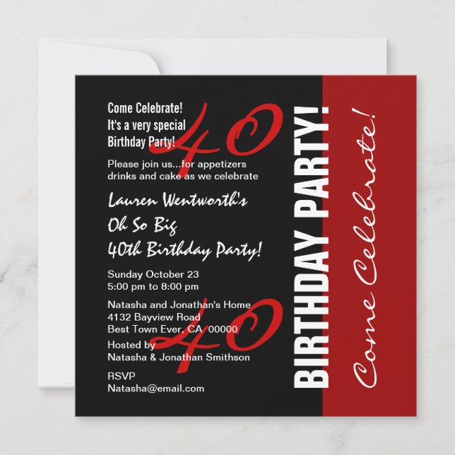 40th Birthday Black Red White Elegant Script Invitation (Front)