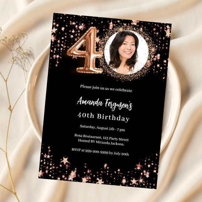 40th Birthday black rose gold photo stars Invitation (Creator Uploaded)