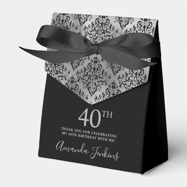 40th Birthday Black Silver Damask Thank You Favour Box (Front Side)