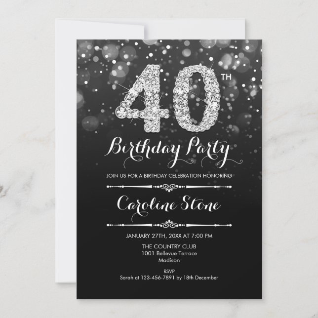 40th Birthday - Black Silver Invitation (Front)