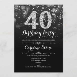 40th Birthday - Black Silver Invitation