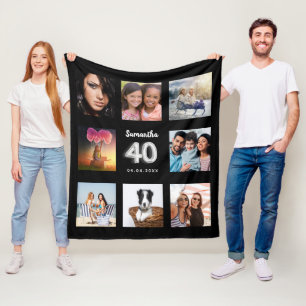 40th birthday black silver photo collage name fleece blanket