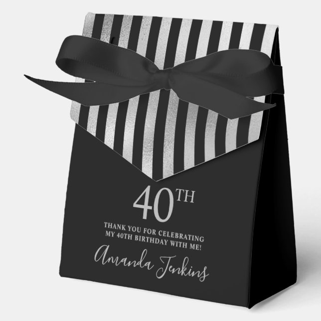40th Birthday Black Silver Striped Thank You  Favour Box (Front)