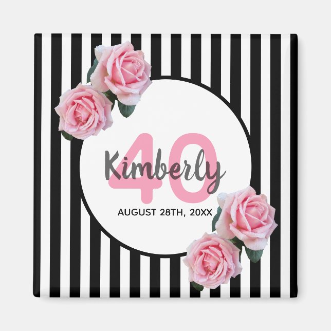 40th birthday black stripes pink florals classic magnet (Front)