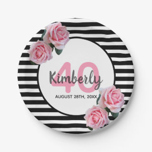 40th birthday black stripes pink florals classic paper plate