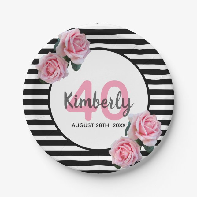 40th birthday black stripes pink florals classic paper plate (Front)