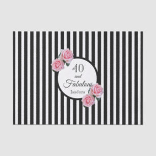 40th birthday black stripes pink florals name tissue paper